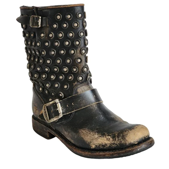 FRYE Jenna Disc Short Black Studded Leather Combat & Moto Boots Size 6.5 - Picture 4 of 11